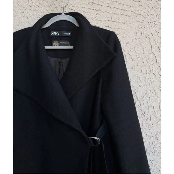 ZARA MANTECO Italian Luxury Wool Black Asymmetrical Belted Jacket Colins Coat M - Picture 13 of 16